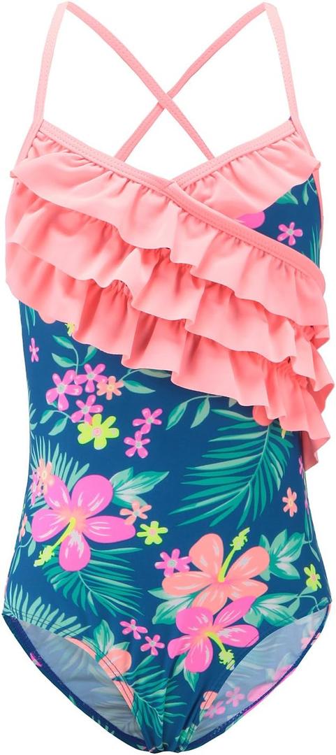 Girls One Piece Swimsuits Hawaiian Ruffle Swimwear Beach Bathing Suit Blue Size 8/ 8t 