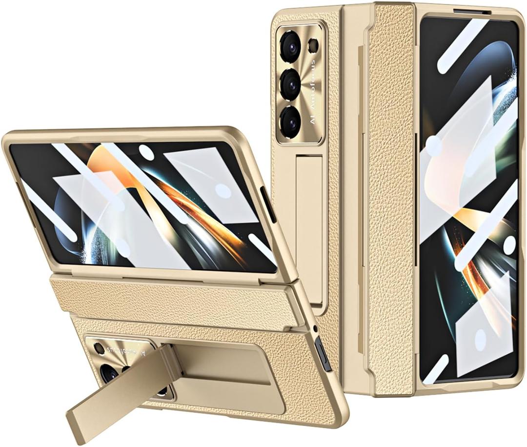 Z Fold 5 Case, One-Piece Housing Hinge Protection Leather ZFold5 Case with Kickstand, Compatible with Samsung Galaxy Z Fold 5 2023 (Gold)
