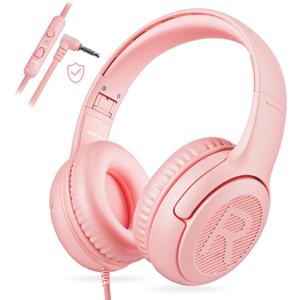 Kids Headphones with Microphone Foldable Stereo Tangle-Free 3.5mm Jack Wired Cord On-Ear Headset for Children/Teens/Boys/Girls/Smartphones/School/Kindle/Airplane Travel/Plane/Tablet (Pink)