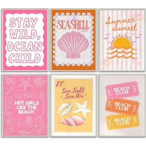 XXOUYLQ Pink Coastal Preppy Canvas Wall Art Coastal Granddaughter Print Aesthetic Room Painting Shells Oyster Posters Summer Beach Pictures Beach Club Wall Decor for Girls Room Dorm Home Unframed (16L"x12W"posters)