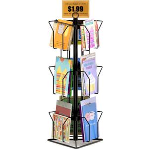 Greeting Card Rack Display Stand, 3 Tier Rotating Card Holder Display Retail, 9 Pocket Metal Postcard Holder Display Stand, Greeting Card Holder for Postcards, Brochures, Stickers, A5 Paper, Black