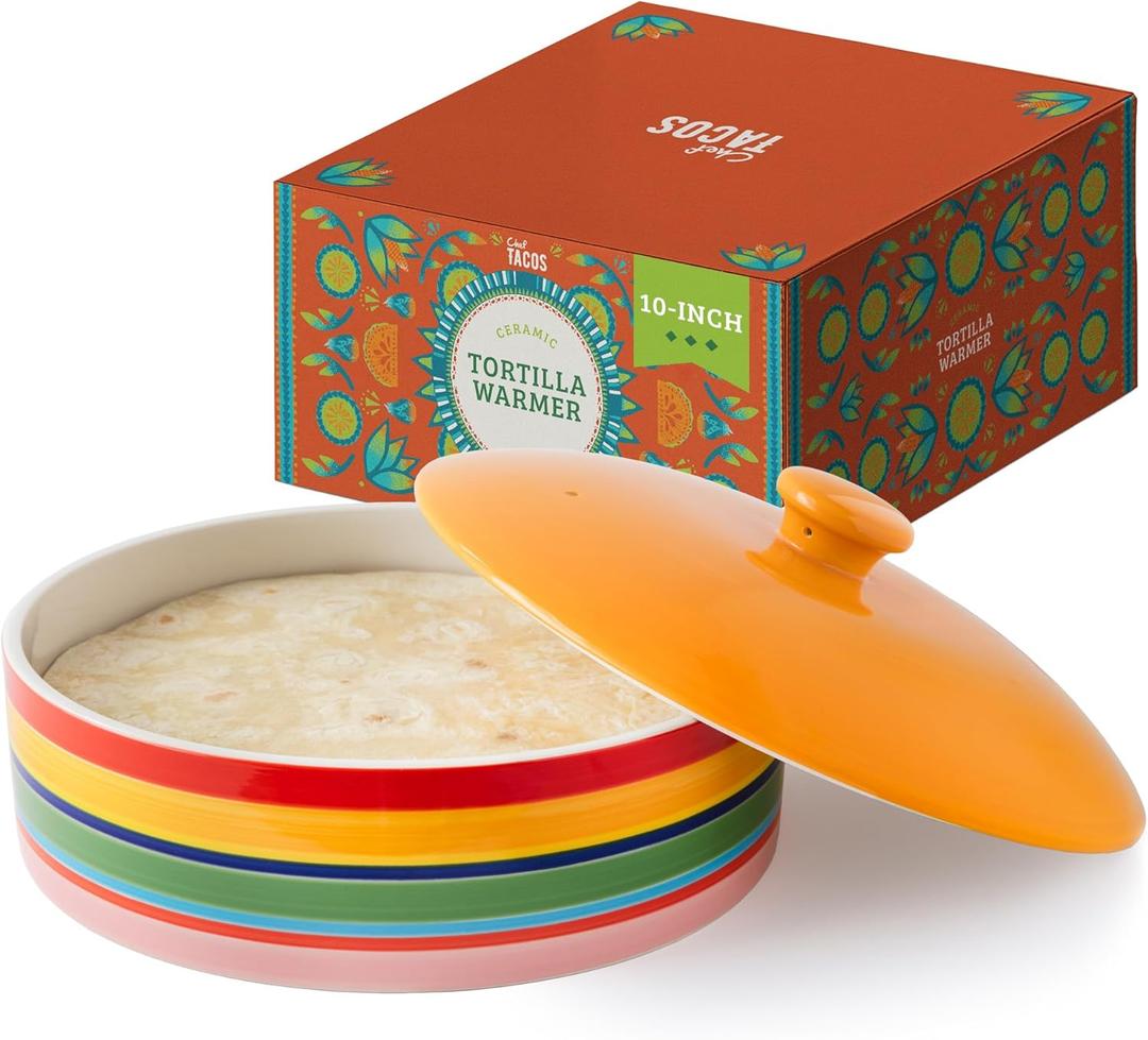 Ceramic Tortilla Warmer With Lid, Colorful Holder, Rainbow Storage Container for Roti, Pancakes (10-Inch, 25.4 cm)