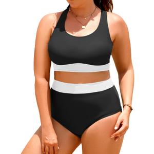 Aqua Eve Plus Size Two Piece High Waisted Bikini Swimsuits Scoop Neck Bikini Set Sporty Bathing Suits (Black White)
