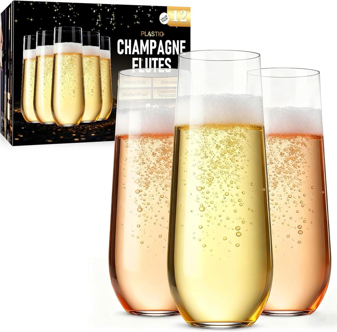 Guanqiao 12 Pack Stemless Plastic Champagne Flutes, 9 oz Clear Disposable Plastic Glasses, Heavy Duty Shatterproof Recyclable Mimosa Glasses for Party Tasting Wedding New Years Eve Party Supplies