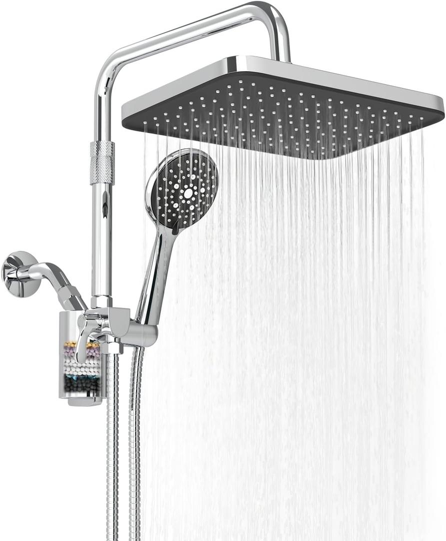 Filtered Shower Head with Handheld,12 Inch High Pressure Rain Shower Head with Adjustable Extension Arm,Dual shower filter head for hard water,Tool-Free DIY Kit,Chrome (Chrome)