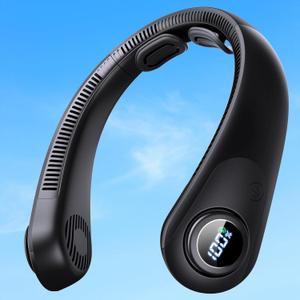 Portable Neck Fan With LED Display, Hands-free 5 Speeds Cooling, Neck Support, Lightweight, Battery Operated, Personal Bladeless Fan Rechargeable, Gift for Women Men, Hot Flashes, Travel, Camping (Black)