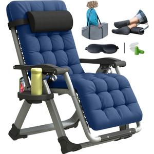 Oversized Zero Gravity Chair, XL Lounge Chair 29 Width, Padded Recliner Chair W/Removable Cushion & Adj Headrest, Storage Bag, Footrest Cushion, Cup Holder, for Indoor Outdoor, Blue