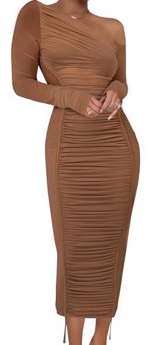 Off the Shoulder Dresses for Women Sexy Bodycon Mesh Long Sleeve Ruched Contrast Binding Split Cocktail Club Maxi Dress, Brown, XS