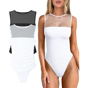 OQQ Women 2 Piece Bodysuit Mesh Ruched Sleeveless Turtle Neck Shapewear Body Suits One Piece Leotard Shirt Going Out Tops Small