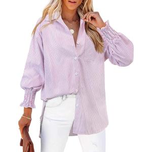Women's Striped Button Down Shirts Long Sleeve Smocked Cuffed Oversized Boyfriend Blouses Collared Work No Pockets Tops SMALL