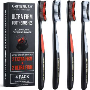 GRITBRUSH Firm Toothbrushes for Adults Hard & Extra Hard Bristles, Dual Stiffness Manual Toothbrush Set, Deep Cleaning, 4 Pack