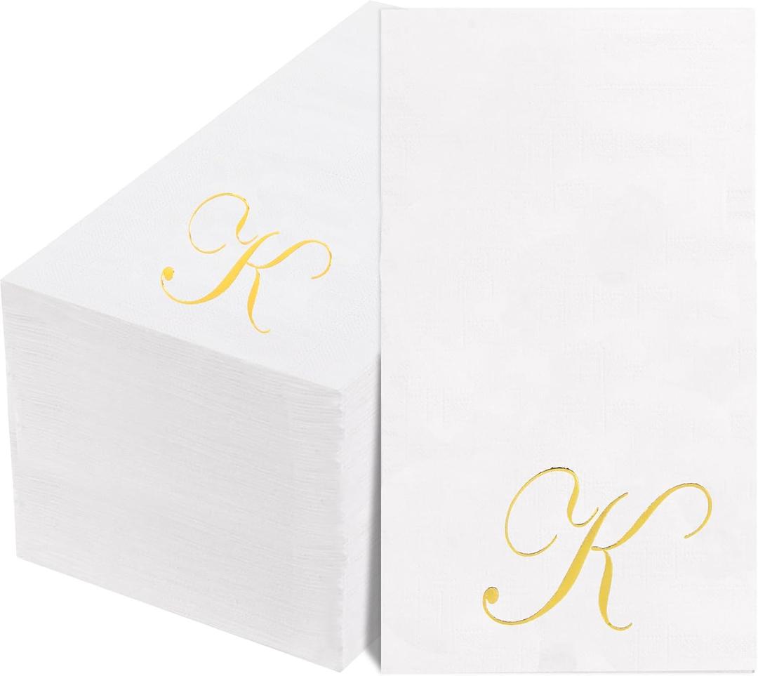 BUCLA 100PCS Gold Monogram Paper Napkins Letter K - Disposable Paper Napkins Elegant Metallic Golden Foil Gold Paper Napkin for Wedding, Birthday Party&Thanksgiving