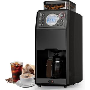 Coffee Maker with Grinder, 24H Timer Programmable 5 Cup Hot and Iced Coffee Machine Features Removable Reservoir Glass Carafe for Home and Office, Black