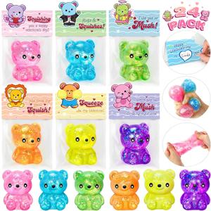 Valentines Day Cards for Kids School, 24 Pcs Cute Bear Squeeze Toys with Kids Valentines' Cards, Valentines' Day Exchange Gifts for Kids, Ideal Classroom Prize & Party Favors Supply