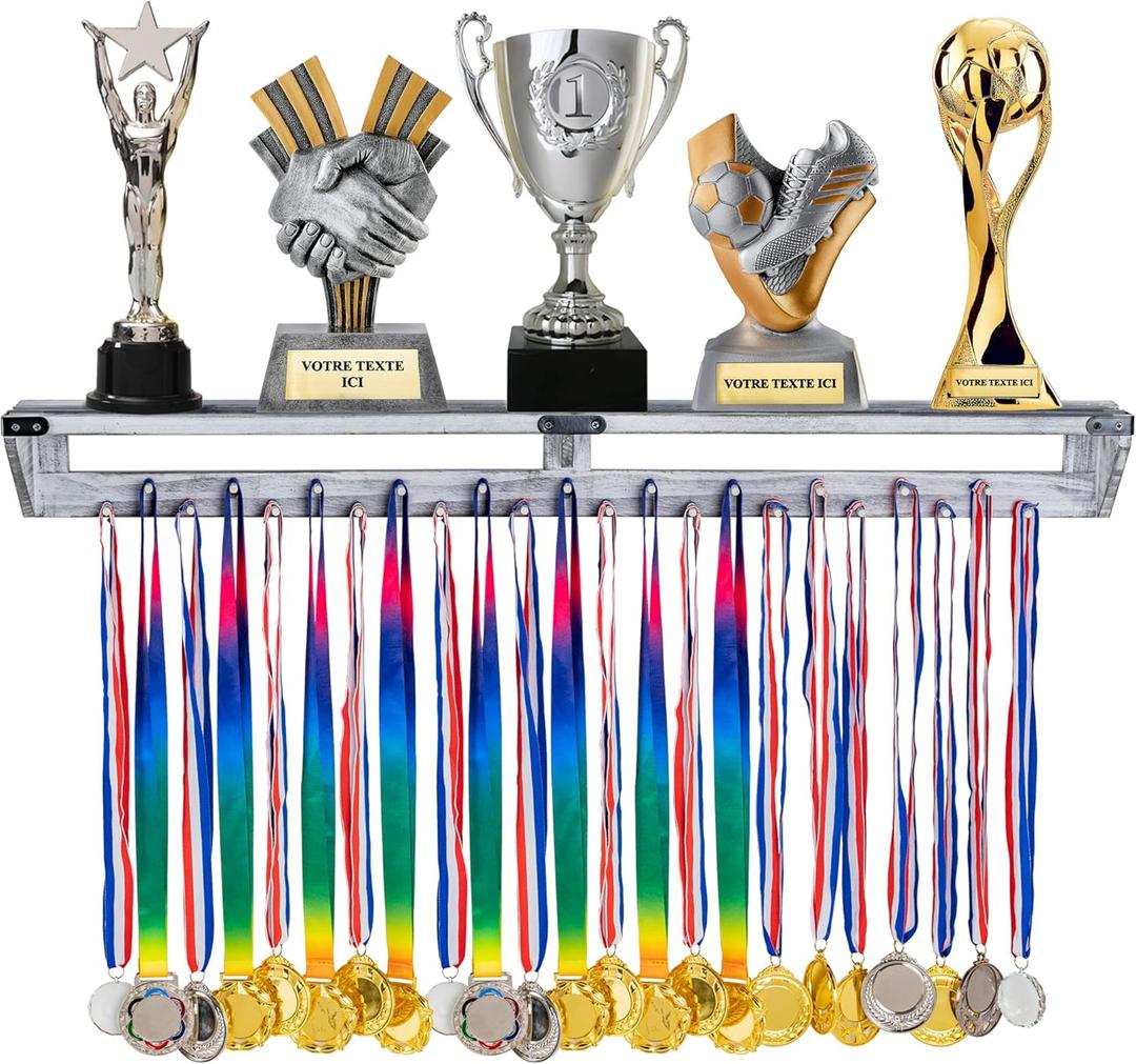 LAVIEVERT Gymnastic Medal Hanger with Storage Shelf, Wooden Wall-Mounted Trophy Shelf, Race Medal Display Rack Holder with 23 Hanging Bars (White)