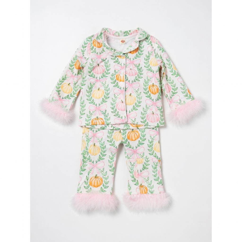 Toddler Baby Girl Fuzzy Pajamas Set Pumpink&Bow Button Down Shirt and Pants Holiday Pjs for Kids Loungewear Set, size 110