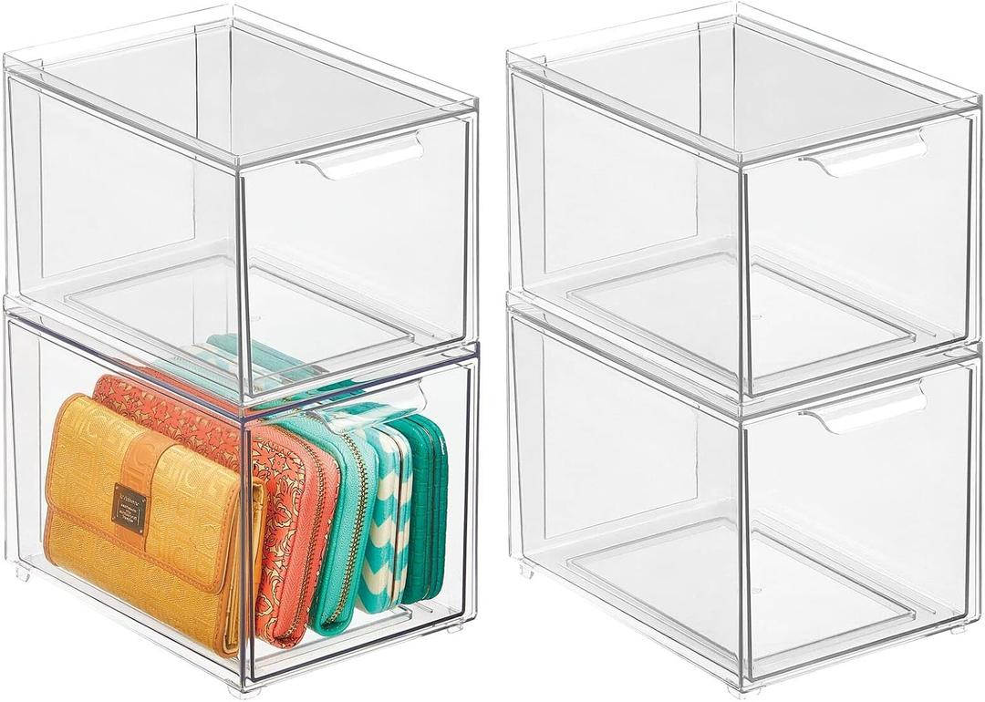 Mdesign Shoe Storage Box with Drawer Sturdy Plastic Storage Box for Shoes Stackable Drawer Box for Shoes, Accessories and More Pack of 4 Clear