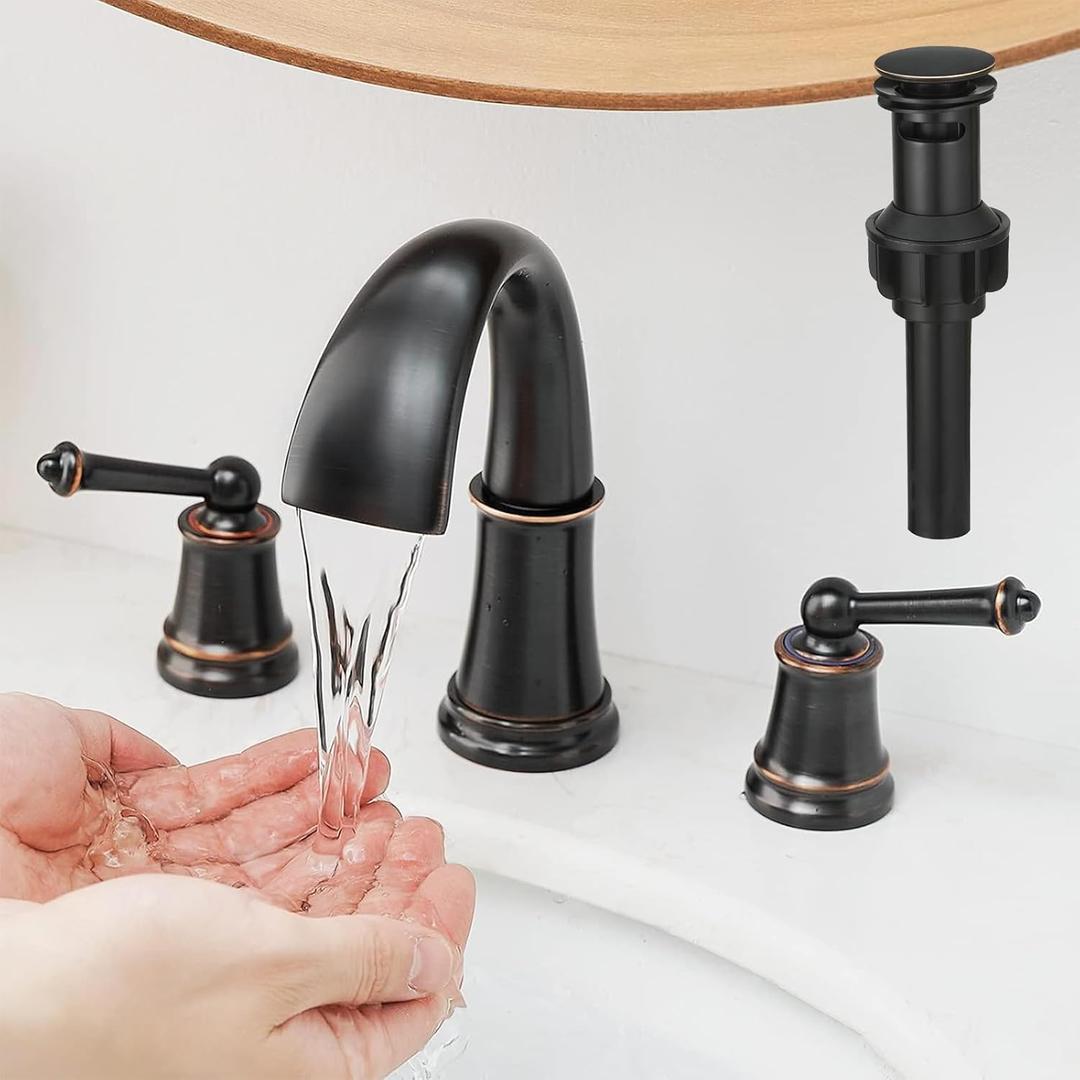 BESy Widespread 8 inch Oil Rubbed Bronze Bathroom Faucet, Two Handles 3 Holes Sink Faucet Waterfall Spout Lavatory Basin Faucets, Vanity Bathroom Sink Faucet with Supply cUPC Lines