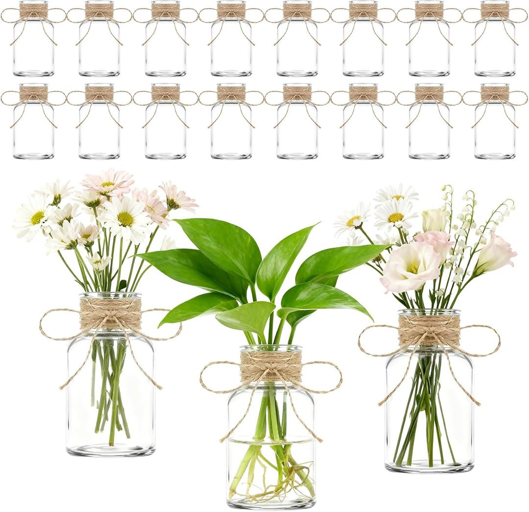 16 Pack Vintage Glass Vases for Flowers Vintage Small Clear Bud Vase for Centerpieces Farmhouse Flower Vases Mini Crystal Decorative Bottle with Hemp Rope Bows for Wedding Parties Home Decor