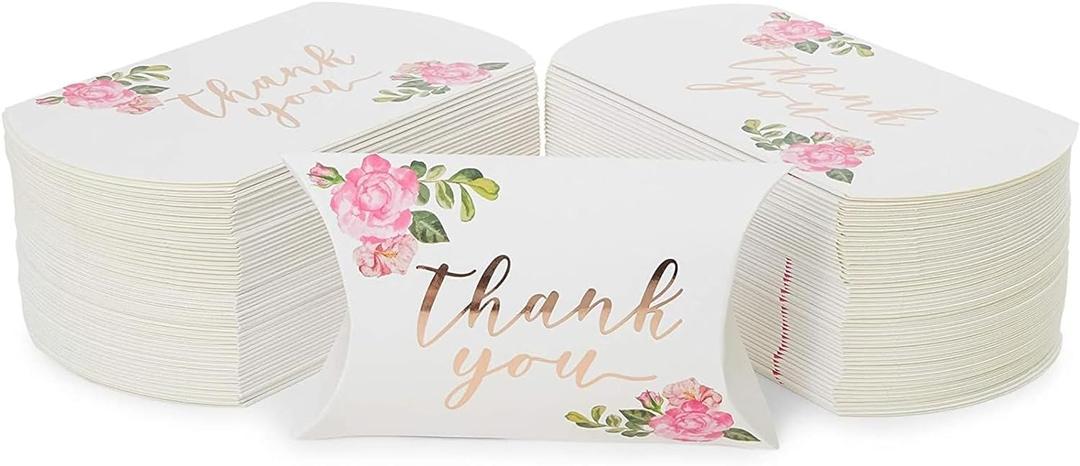 Sparkle and Bash 100pcs Floral Pillow Boxes, 5" x 3.5" Thank You Treat Box for Wedding Party Favors, Candy, Small Gifts (['Rose Gold'])