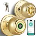 Fingerprint Door Lock, Smart Fingerprint Door Knob with Lock, Biometric Door knob with App Control & Key, Keyless Entry Door Locks for Bedrooms, Front Door, Home, Apartment Office-Polished Brass