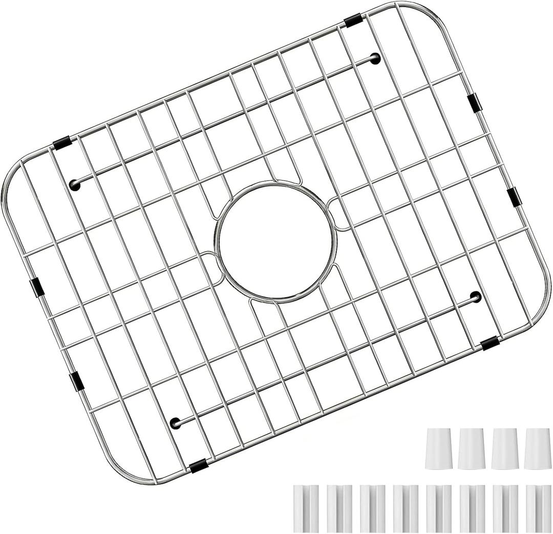 GUUKIN Sink Protectors for Kitchen Sink Bottom, 18" x 12-1/2"Stainless Steel Sink Protector with Center Drain Hole, Grid Rack Mat with Extra Replacement White Rubber Fee