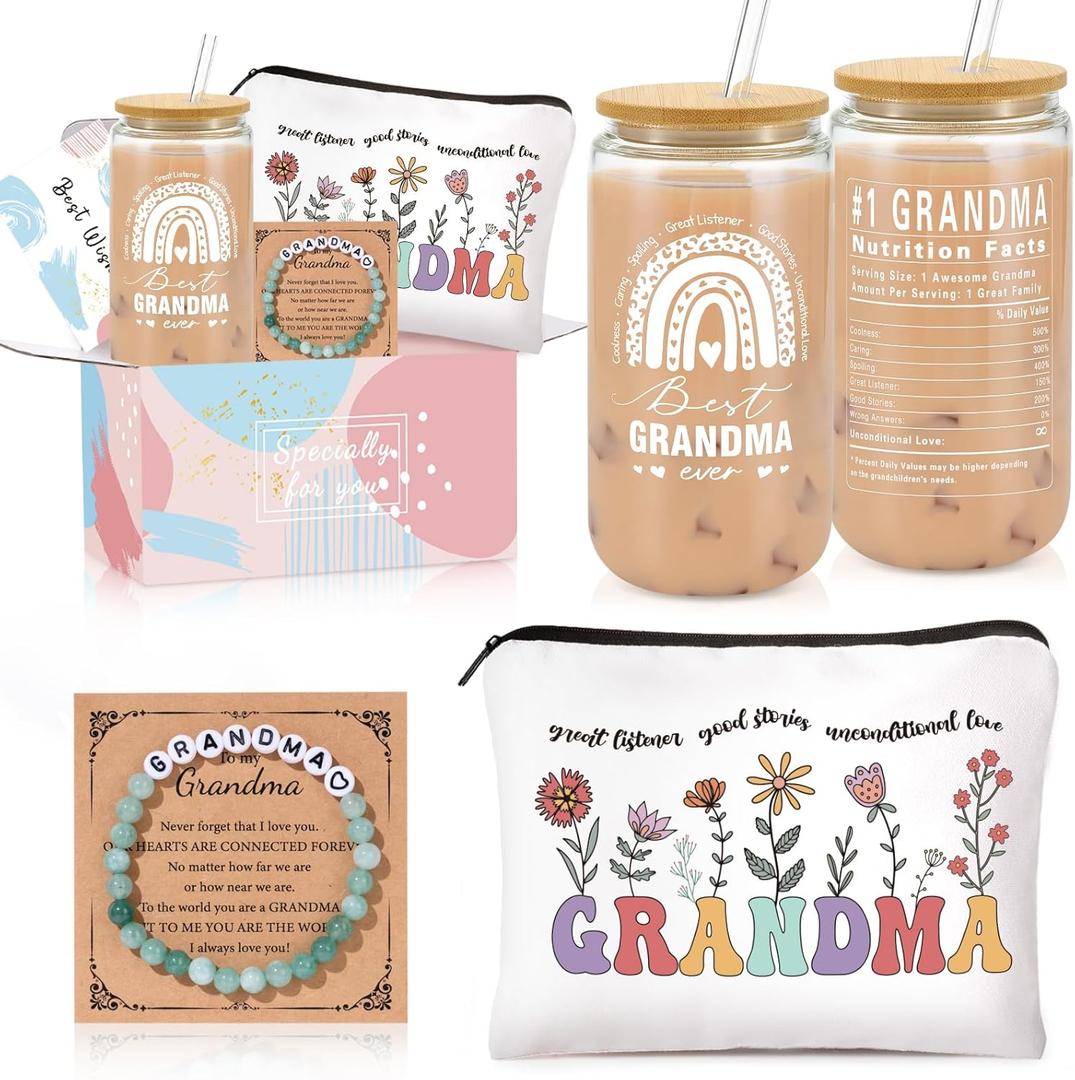 2 x Gifts for Grandma, Unique Birthday Gifts for Grandma, Present for Grandmother Basket, Thank You Basket with 16 Oz Glass Cup, Makeup Bag