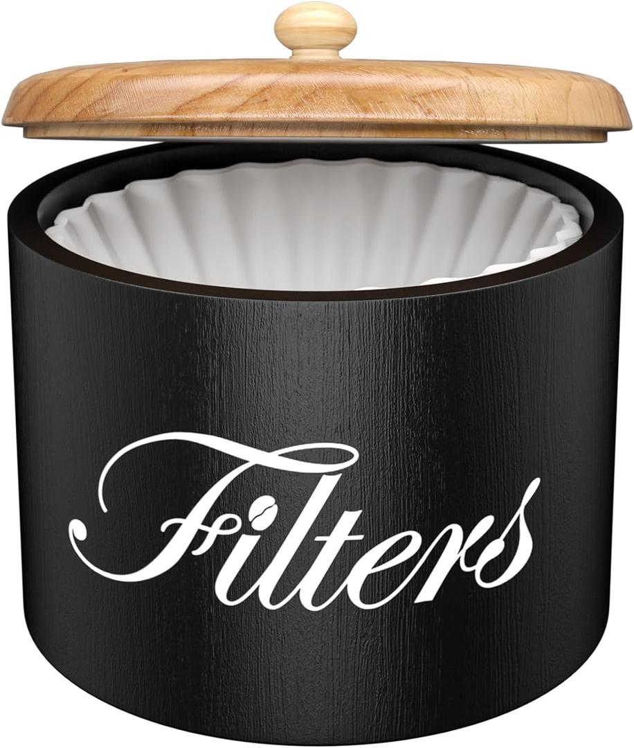 Wooden Coffee Filter Holder with Lid - Round Storage Container for Counter - Rustic Farmhouse Coffee Bar Accessories (Black)