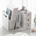 White Plastic Desktop Organizer with File slots,3-tier Drawers with Pen Holder,Book Stand for Office Supplies and Desk Accessories (White+Grey)