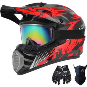 Youth Kids Dirt Bike Helmet Motocross ATV Dirtbike BMX MX Go-Kart 4-Wheeler Quad Offroad Motorcycle Helmet Goggles Gloves Mask DOT Certified, Red Camo, Large