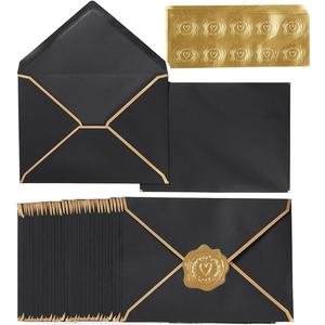 100 Pack A7 Envelopes 5 x 7 Card Envelopes V Flap with Gold Border for Office, Wedding Gift Cards, Invitations, Graduation, Baby Shower, Parties (5.32 x 7.28 Inches, Black)