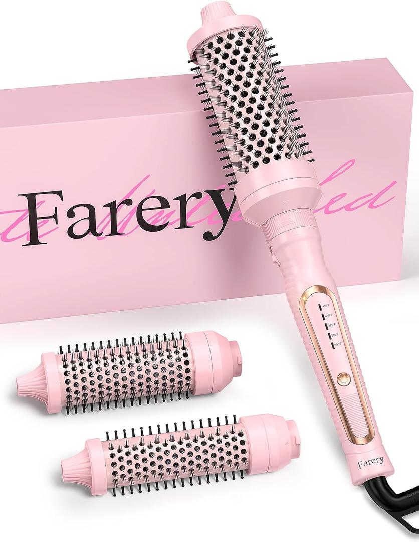 Farery PRO 3-in-1 Thermal Brush Set - Adjustable Temperature, Detachable Curling Brush Heads (1.25", 1.5", 1.77"), Dual MCH, 20s Fast Heating for Quick Volume & Effortless Curls, Rose Pink