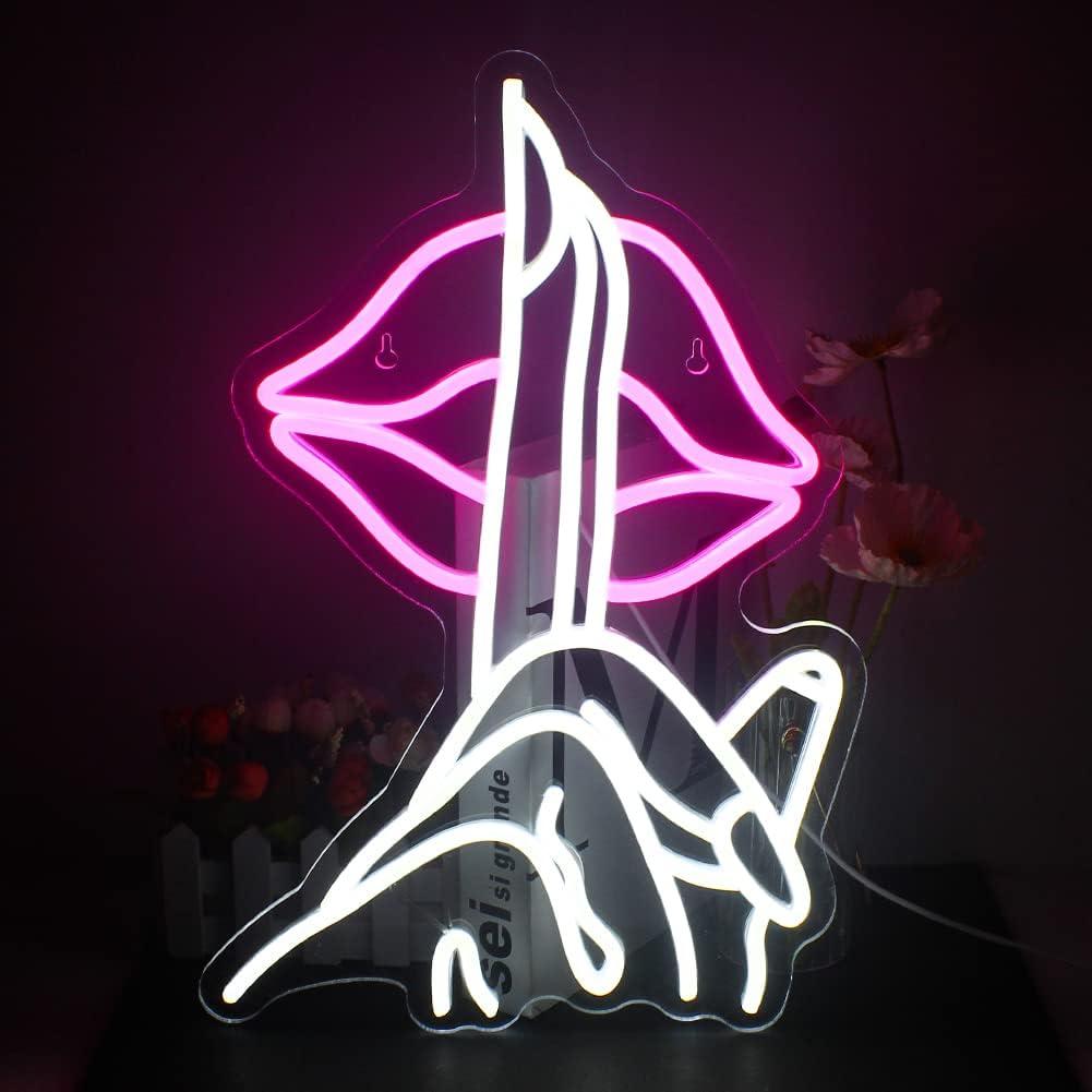 Lips Neon Sign Shh Gesture Led Neon Lights for Wall Decor USB Powered Chic Neon Lips Light Signs for Bedroom Home Bar Man Cave Beer Cafe Birthday Party Decorations Gifts