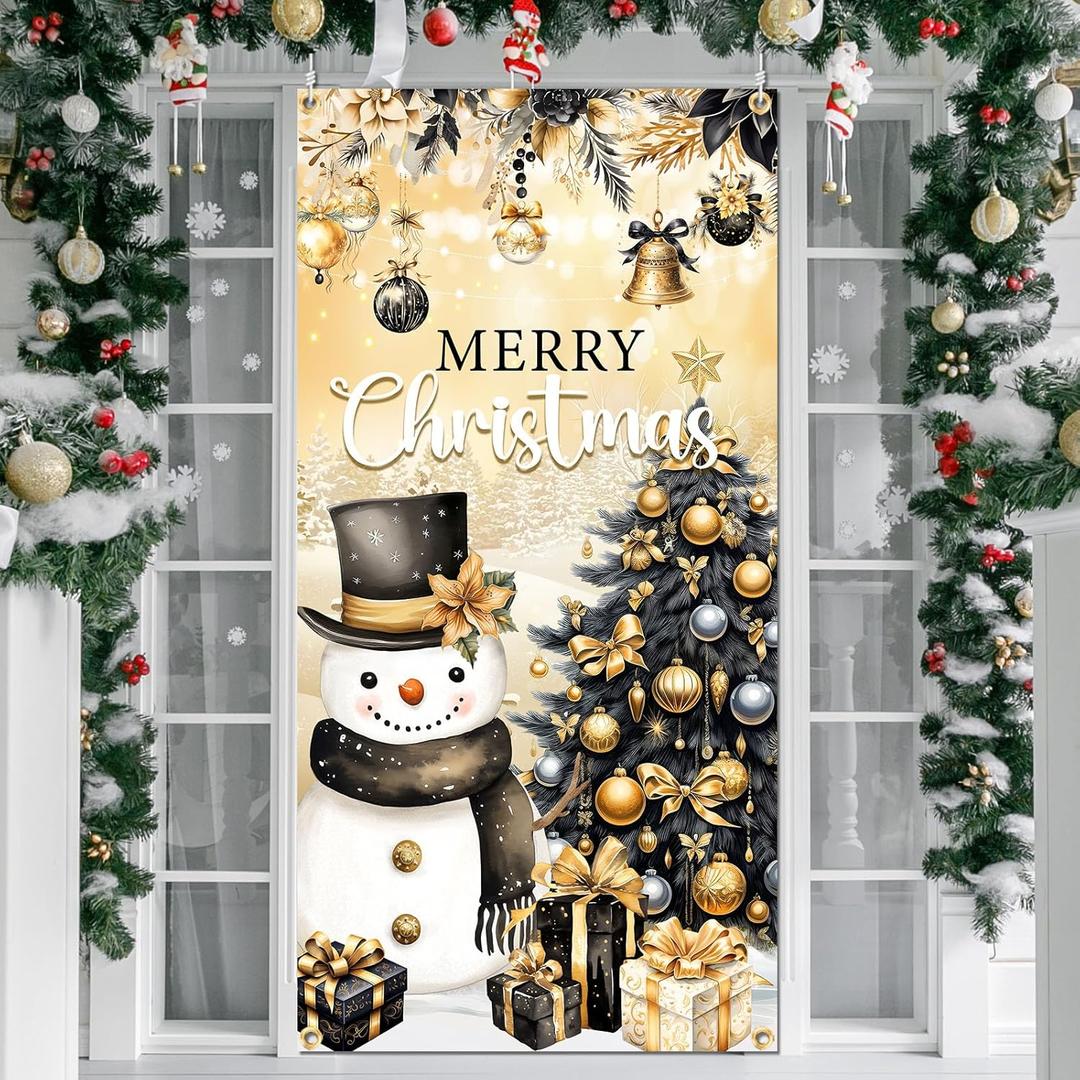 Christmas Door Cover Decorations Snowman Door Cover Black Gold Merry Christmas Xmas Tree Front Door Banner for Indoor Outdoor Xmas Winter Party Decor