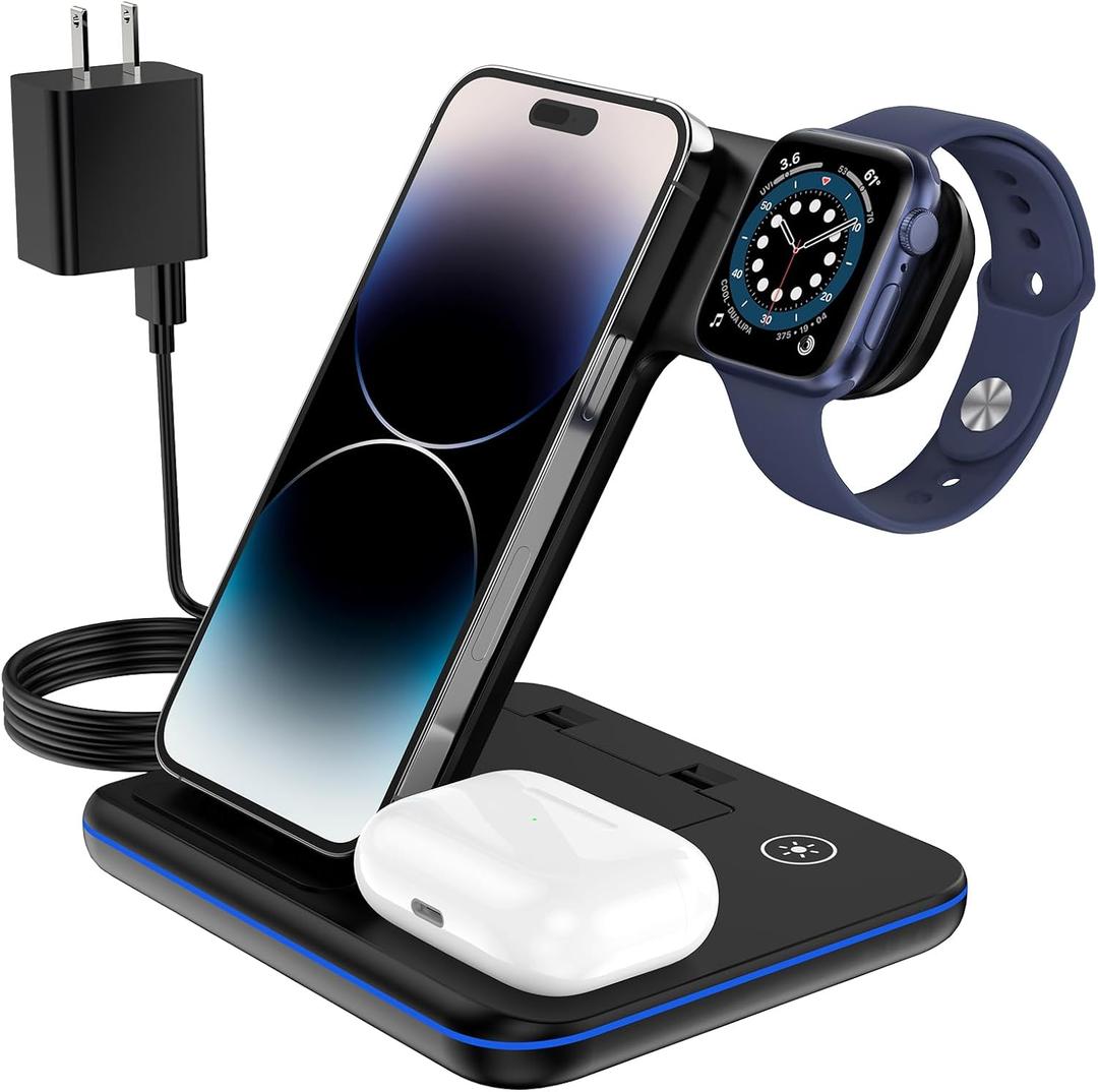 3 in 1 Wireless Charging Station for Apple Charger Stand for iPhone 16 15 14 13 & for Apple Watch Charger Wireless Charging Station for Multiple Devices for AirPods 4 3 Pro (Black)