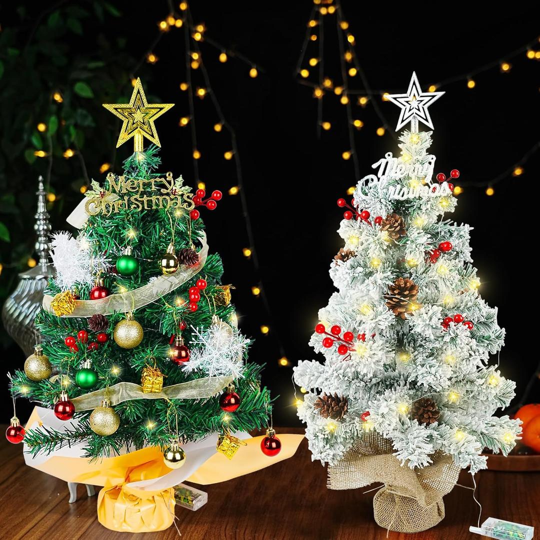 24 Inch/2 FT Mini Christmas Tree Blind Box, Small Tabletop Flocked Tree with LED Lights, Pine Cones, Star Tree Topper, Snow Flocked Artificial Pine Xmas Tree,Mini Gift Box and Cloth Bag Base (Blind Box -50% of White/Green)