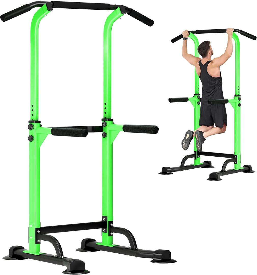 DlandHome Power Tower Pull Up Dip Station Multi-Function Fitness Equipment for Strength Training Adjustable Height Dip Stand for Home Gym (Green)