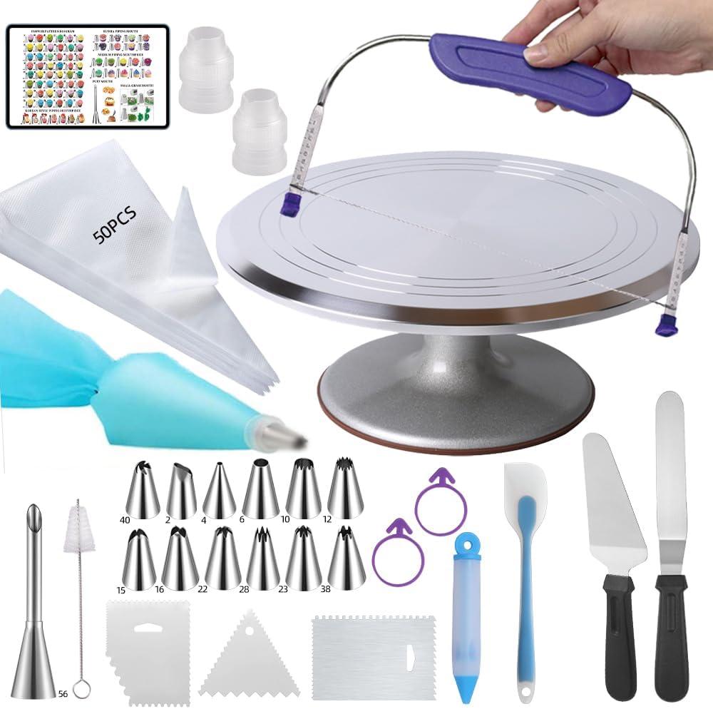 12 Inch Cake Turntable,78Pcs Rotating Aluminum Alloy Rotating Cake Stand,Cake Decorating Kit With Stainless Steel Icing Scrapers,Icing piping Tips,Piping Bags,Cake Leveler,Icing pen,Pie server,Spatula