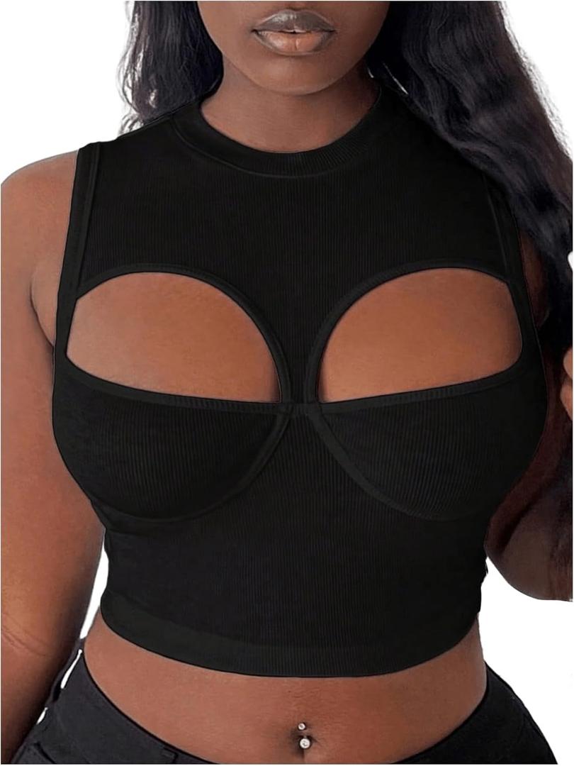 OYOANGLE Women's Ribbed Knit Cut Out Tank Top Crew Neck Sleeveless Party Crop Tops (Black), Small