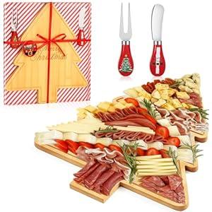 Ziliny Christmas Tree Charcuterie Board Xmas Cutting Cheese Board Wooden Platter with Knives and Forks Serving Trays Gift for Kitchen Cheese Food Fruit (Bamboo, Christmas Tree)