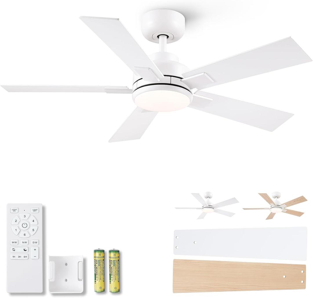Modern Ceiling Fans with Lights - 42 inch Outdoor White Ceiling Fan with Light and Remote, Reversible DC Motor, 6-Speed Quiet 3CCT LED Dimmable for Bedroom, Indoor and Outdoor, Patios, ETL Listed