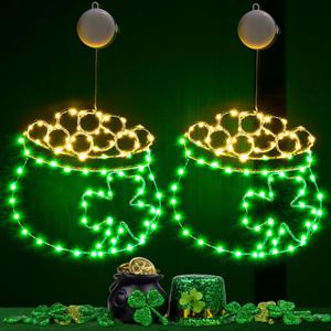 BlcTec St Patricks Day Decorations, 2 Packs 90LED 13inch Big Pot of Gold Window Lights with Suction Cups, Battery Operated Durable Metal Frame Silhouette Lights for Saint Patricks Day Window Dcor