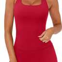 SUUKSESS Women 2 Piece Workout Sets Halter Neck Padded Yoga Tank Tops High Waisted Biker Shorts with Pockets (Small, Red)