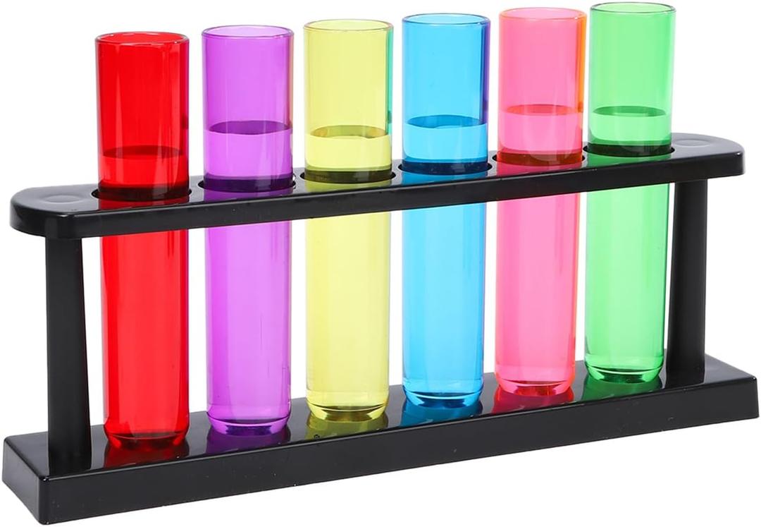 Plastic Test Tubes with Rack for Parties, Shot Glasses Holder for Science Themed Birthday Party, Pouring and Storing Liquids, 6 Colors