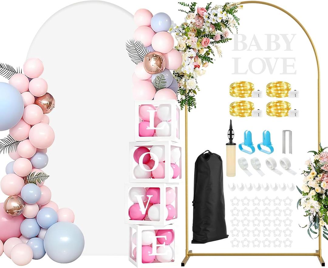 7.2FT Arch Backdrop Stand and Cover Set, Metal Arch Stand with White Cover Stretchy Backdrop, Balloon Boxes with Letters Tying Tool for Wedding Baby Shower Gender Reveal Birthday Party Decorations