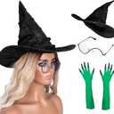 MORTICIA Witch Costume Accessories Hat Glasses Green Gloves Green and Black Striped Socks Halloween Witch Cosplay Decorations