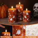 Burnt Orange Halloween Flameless Pillar Candles with Remote, Ghost LED Wax Candles Battery Operated Set of 3