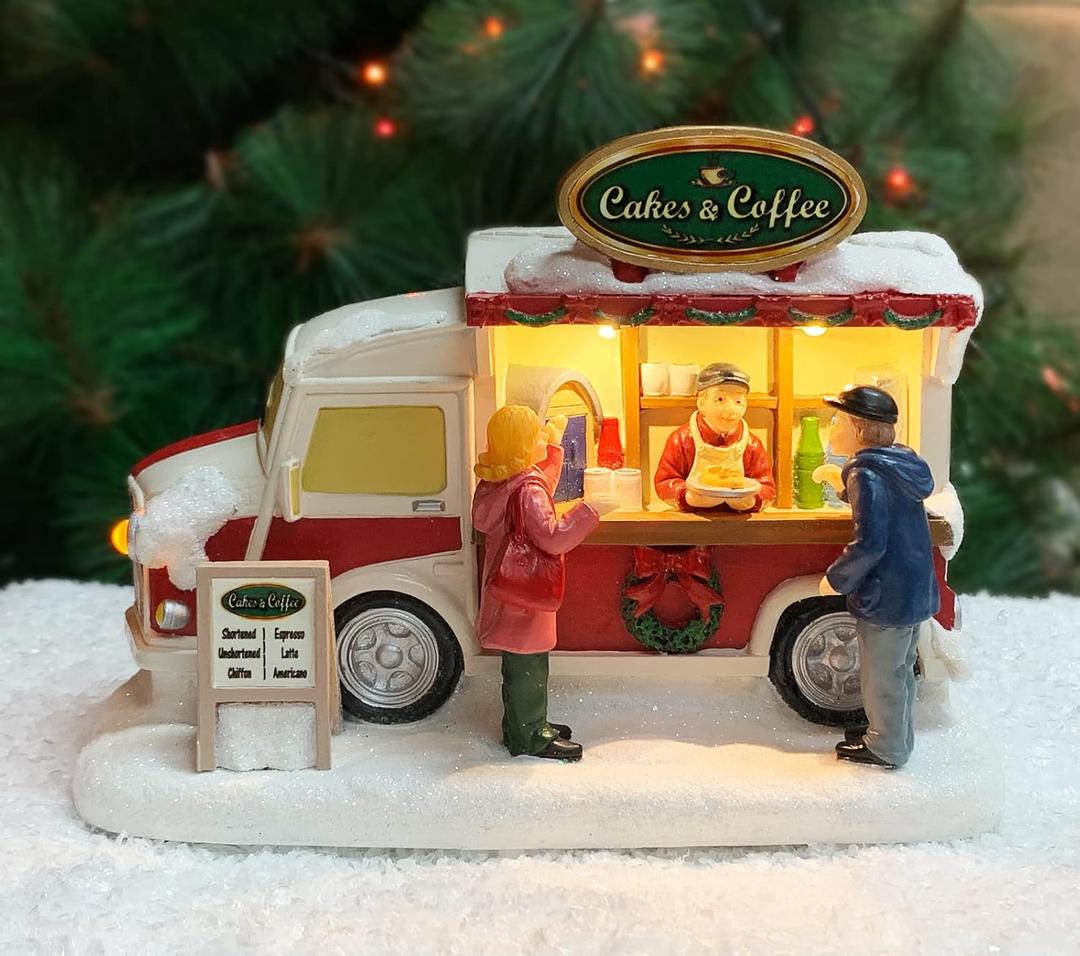 MOMENTS IN TIME Christmas Village Cakes and Coffee Food Truck Lighted LED Street Vendor Scene Battery Operated Holiday Tabletop Dcor Hand-Painted Polyresin Collectible Gift Ready Tabletop Display