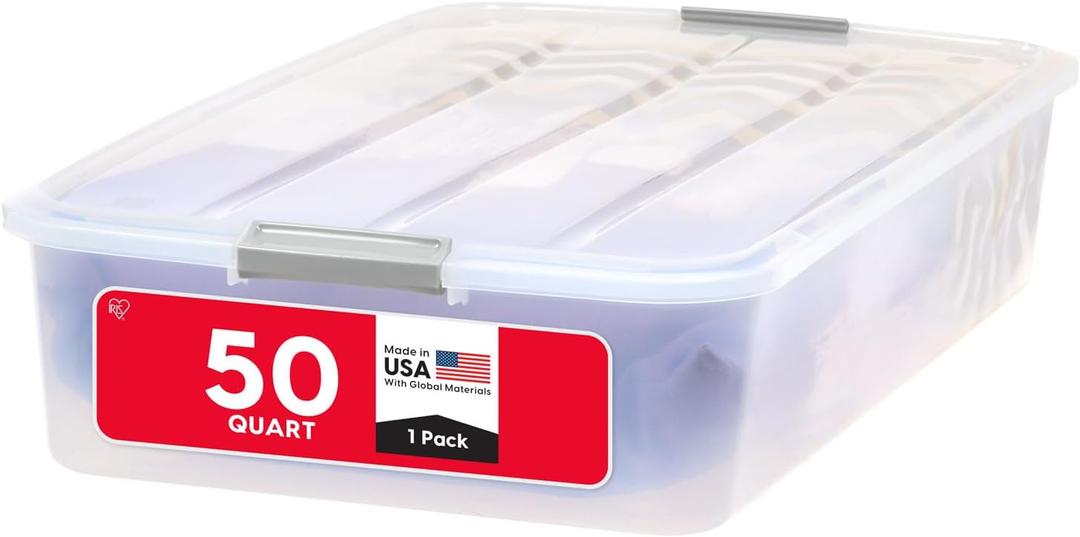 IRIS USA 50 Qt Plastic Under Bed Storage Organizer Bin Container with Secure Lids and Durable Buckles, Multi-Purpose for Seasonal Holiday Items Bedding Clothes Shoes, Long, Clear