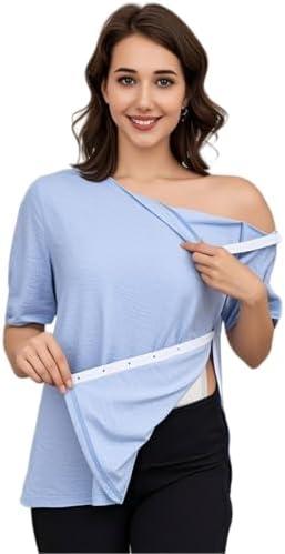 Fififlip Women's Post Shoulder Surgery Tear Away Shirt Short Sleeve Side Snap Chemo Port Postpartum Shirts Adaptive Clothing, XL